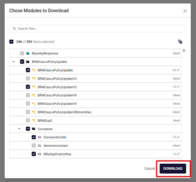 Choose Modules to Download Dialog