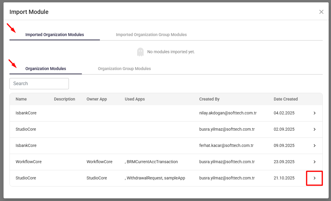 Import Module Dialog - Organization Modules