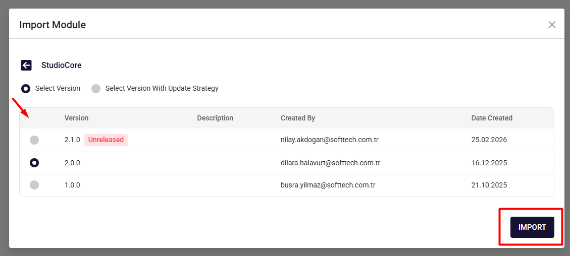 Import Module - Select Version