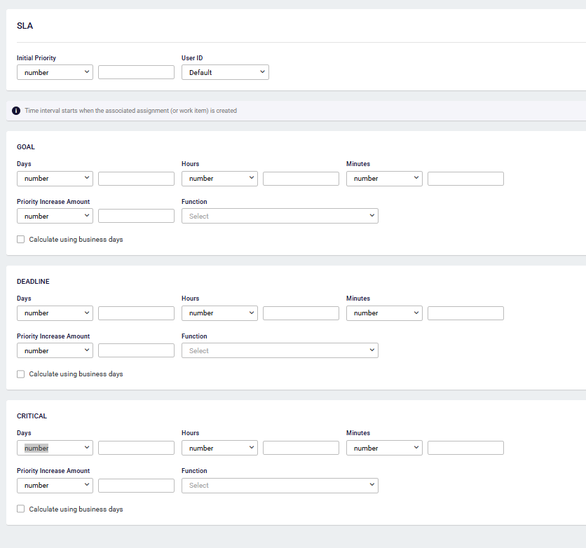 SLA settings panel in the workflow properties
