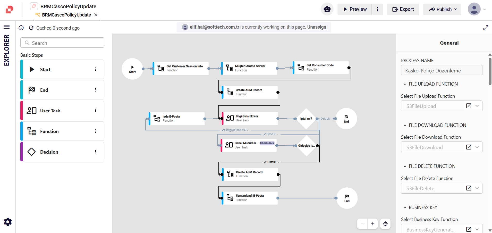 The Flow Editor showing a workflow on the canvas with the General panel on the right