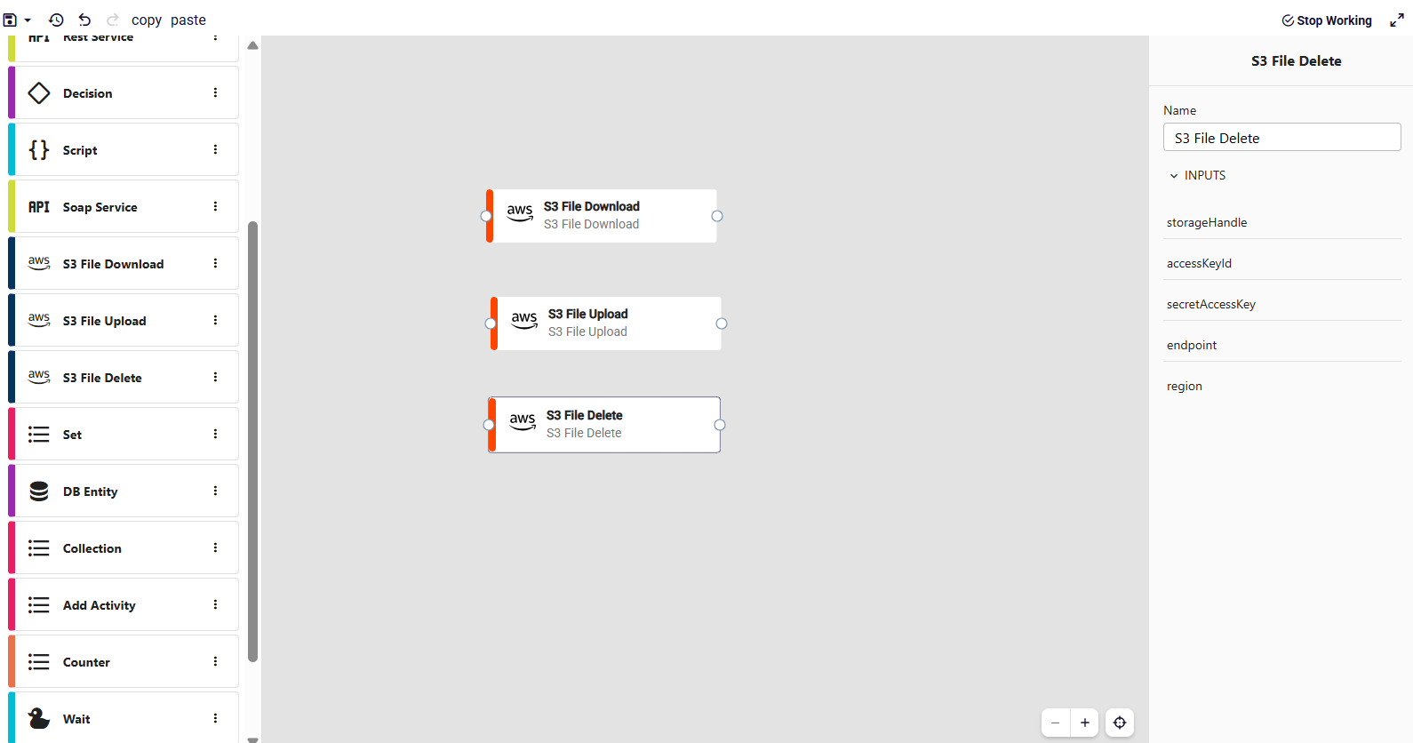 The S3 File Delete step showing its input fields