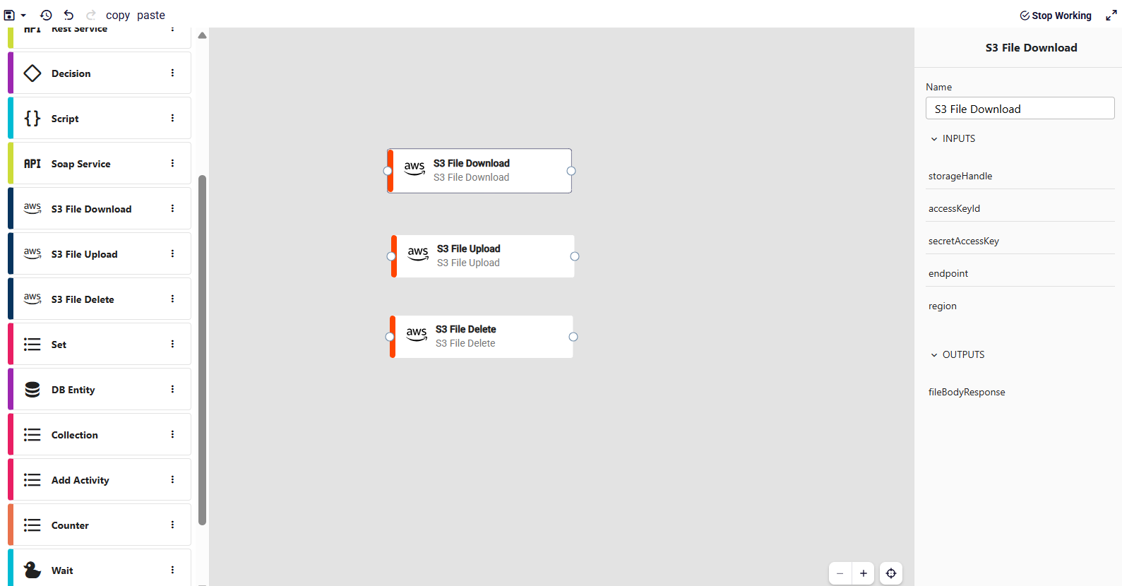 The S3 File Download step showing its input and output fields