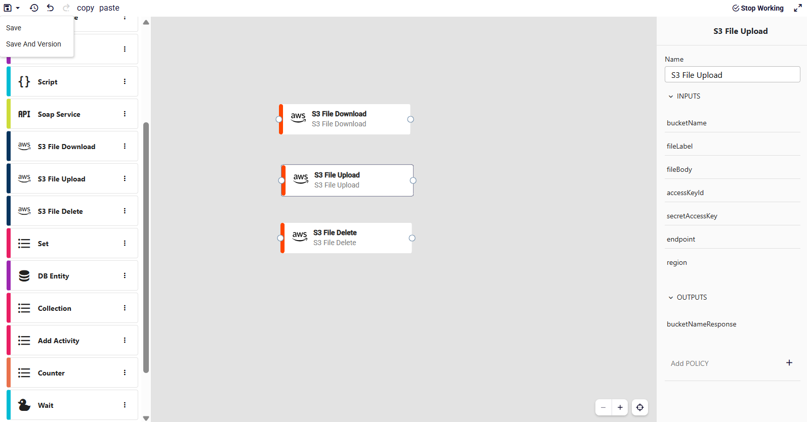The S3 File Upload step showing its input and output fields