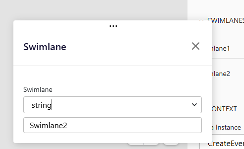 The Swimlane dialog showing the type dropdown and swimlane name input