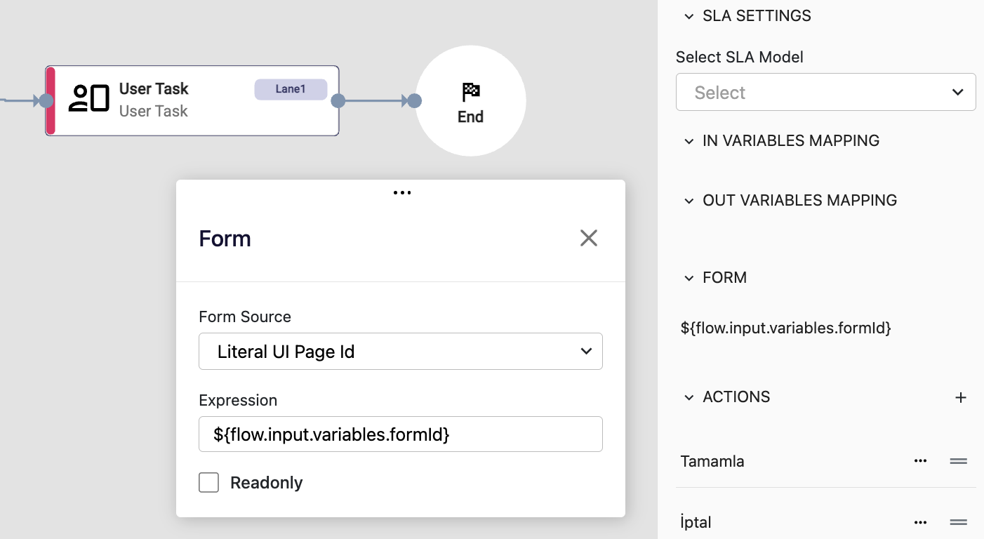 The Form dialog with Form Source set to "Literal UI Page Id", showing the Expression field and the Readonly checkbox