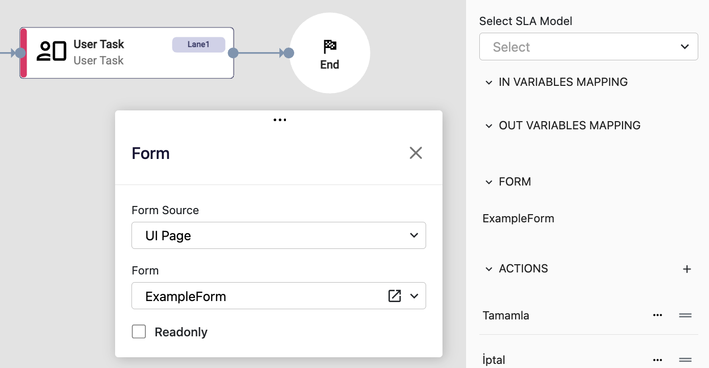 The Form dialog with Form Source set to "UI Page", showing the Form dropdown and the Readonly checkbox